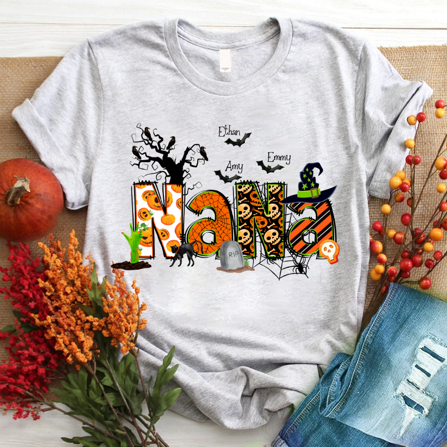 Nana Grandma Bundle Halloween Alphabet Doodle Grandkids T-Shirt