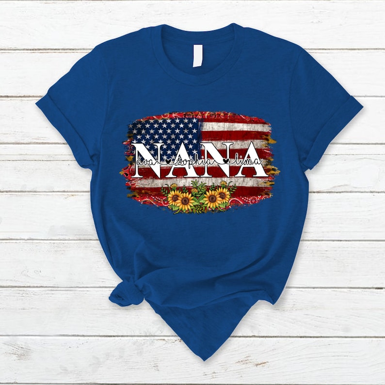 Personalized Vintage Nana Tshirt America Grandma 4th of July Shirt, America Lover Grandma with Custom Grandkid Independence Day, Custom Tee