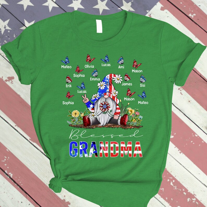 Personalized Grandma shirt, Gnome Nana Shirt 4th of July Shirt for Grandma Blessed Grandma With Grandkids Butterfly Falg Independence TShirt