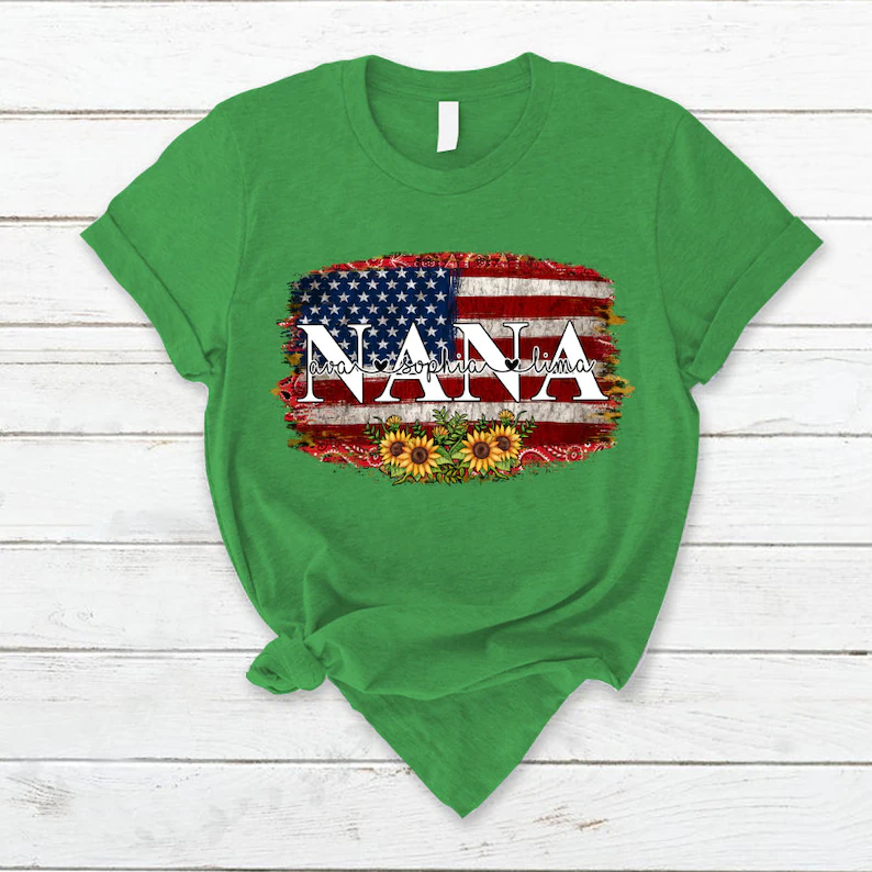 Personalized Vintage Nana Tshirt America Grandma 4th of July Shirt, America Lover Grandma with Custom Grandkid Independence Day, Custom Tee