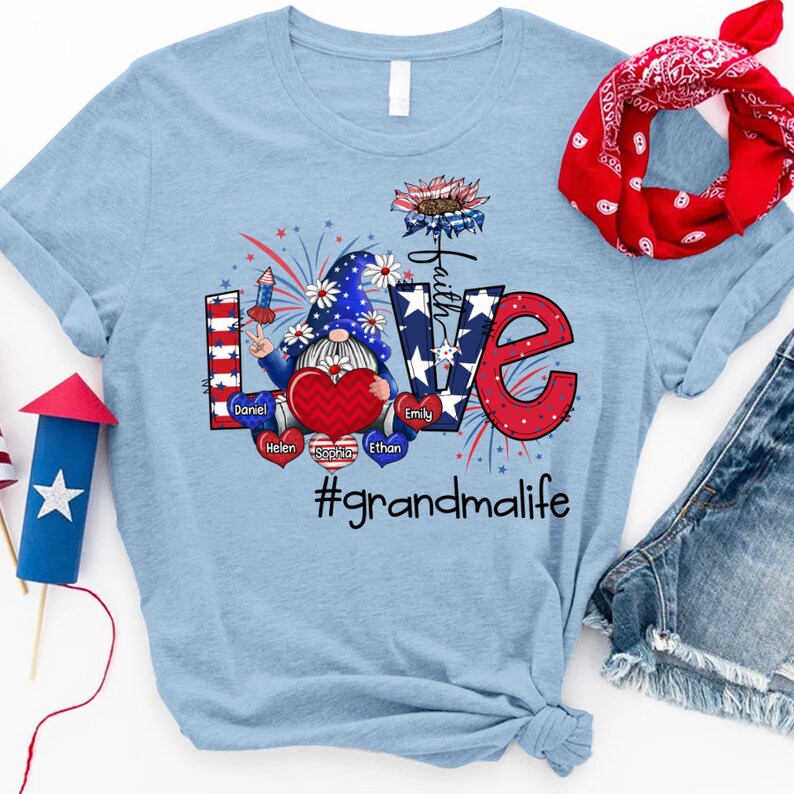 Personalized Grandma Shirt, Custom Gnomes Love Grandma Life Gnomes with Kid names, Grandma 4th of july Shirt Gnomes Tshirt, USA Gnomes Tee