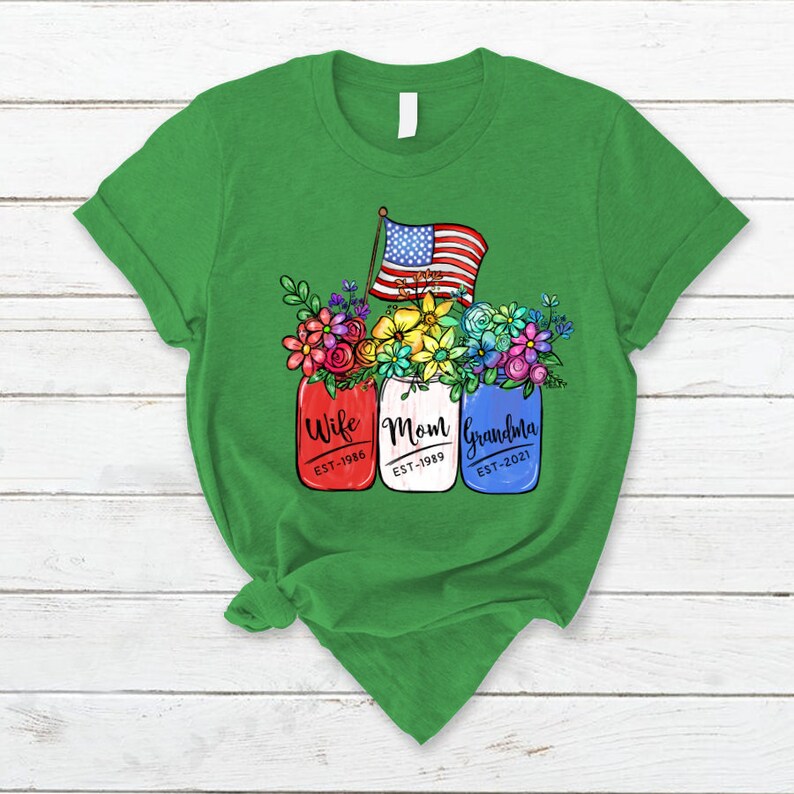 Personalized Grandma Shirt, 4th of july shirt for mother-in-law, America Flag and Rainbow Floral Peace Wife Est Mom Est Grandma Est T-Shirt