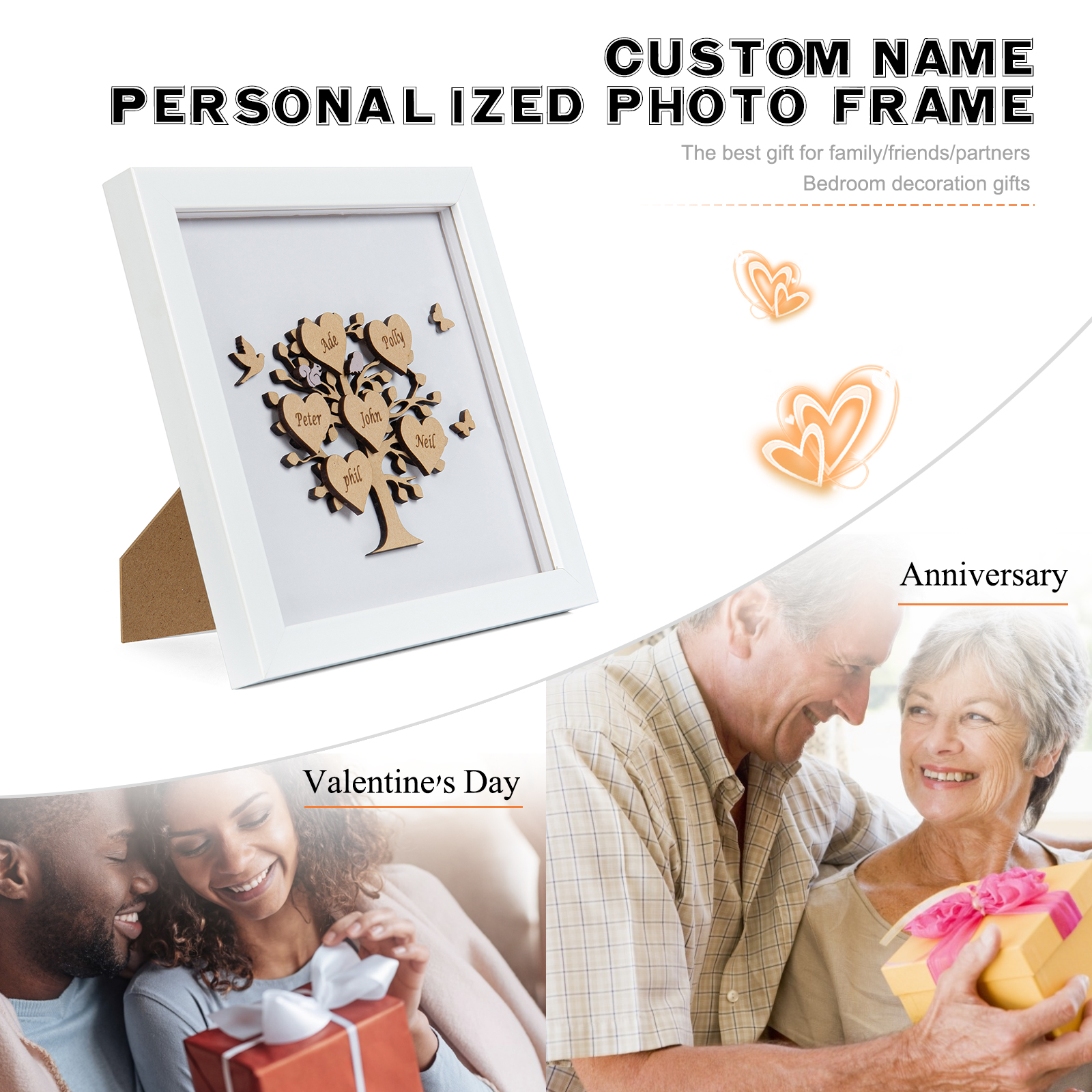 Personalized Family Tree Wood Frame with 6 Names Engraved on the "Heart", Family Tree LED Light Picture Frame