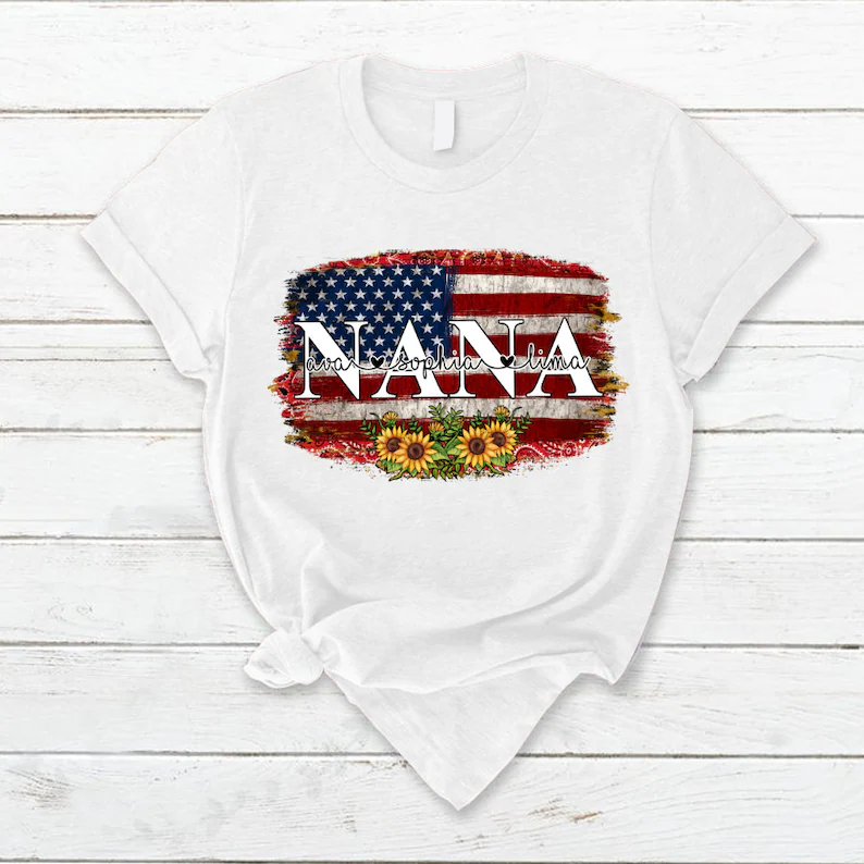 Personalized Vintage Nana Tshirt America Grandma 4th of July Shirt, America Lover Grandma with Custom Grandkid Independence Day, Custom Tee
