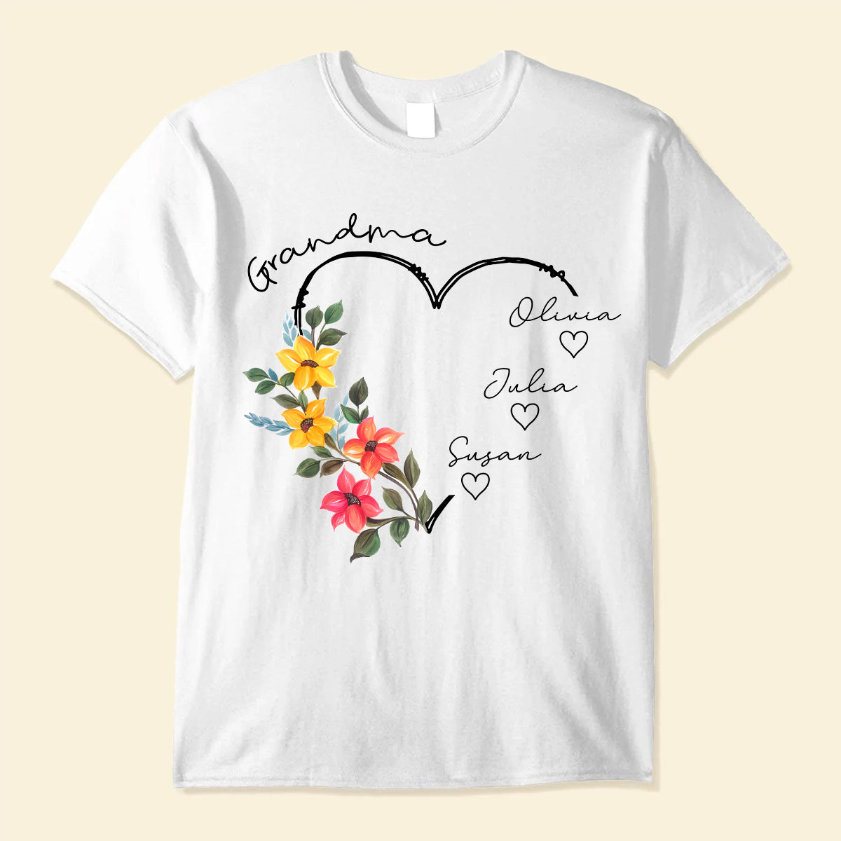 Flower Heart Grandma Auntie Mom Kids Personalized Shirt