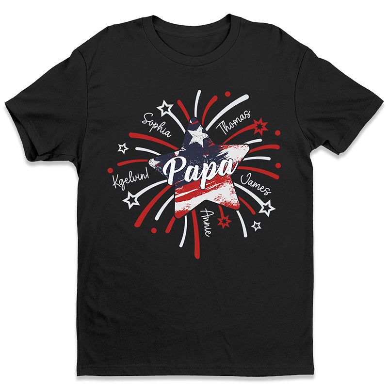 Papa & Kids Firework Star - Family Personalized Custom Unisex T-shirt 4th Of July, Birthday Gift For Dad, Grandpa