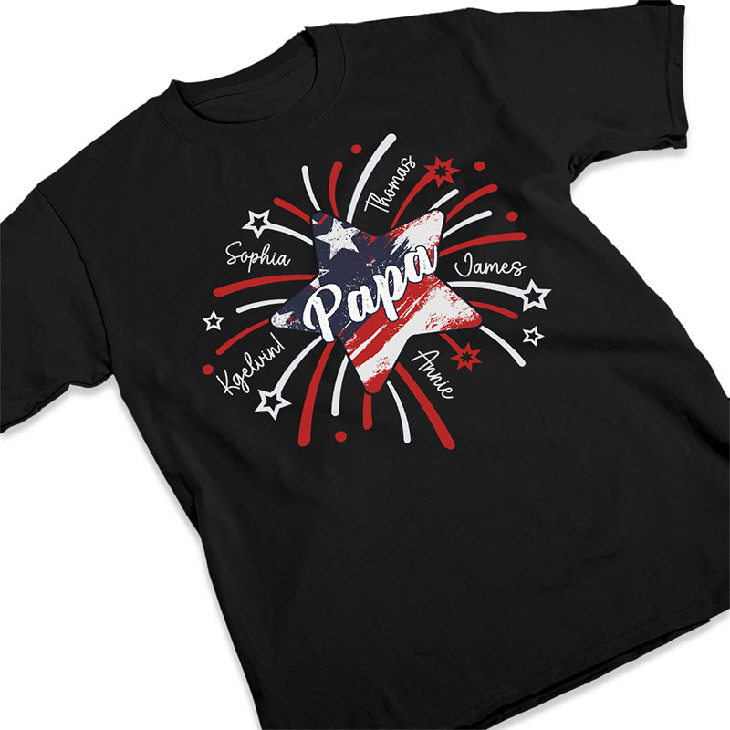 Papa & Kids Firework Star - Family Personalized Custom Unisex T-shirt 4th Of July, Birthday Gift For Dad, Grandpa