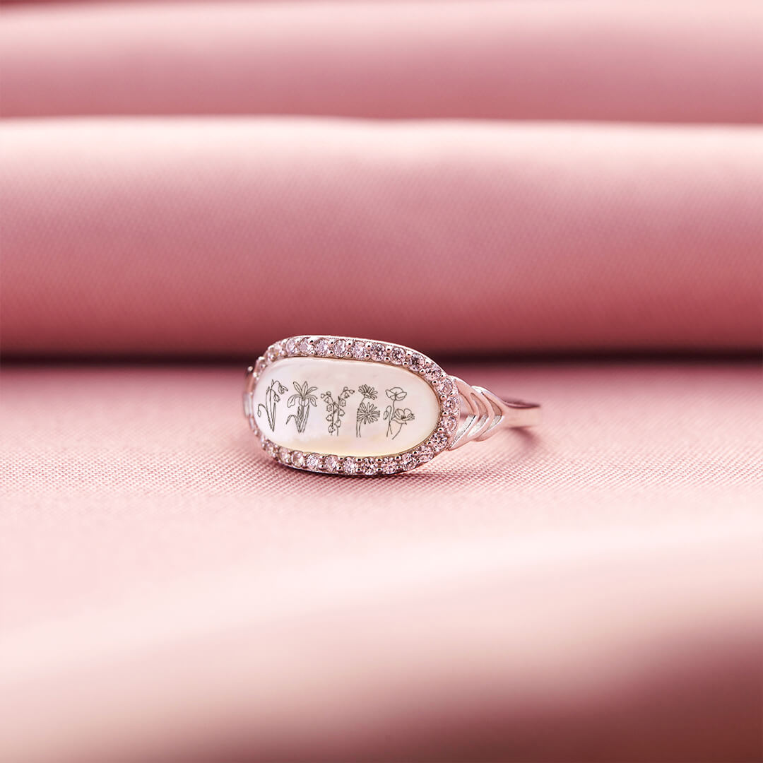 S925 ENGRAVED BIRTH MONTH FLOWERS SHELL RING