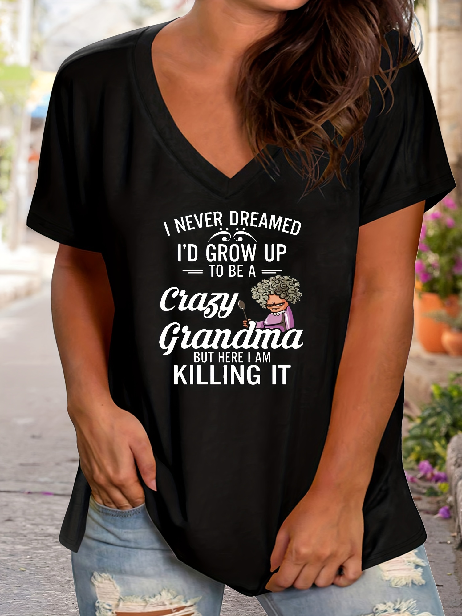 Plus Size Casual T-shirt, Women's Plus Cartoon Figure & Letter Print Short Sleeve V Neck Slight Stretch T-shirt