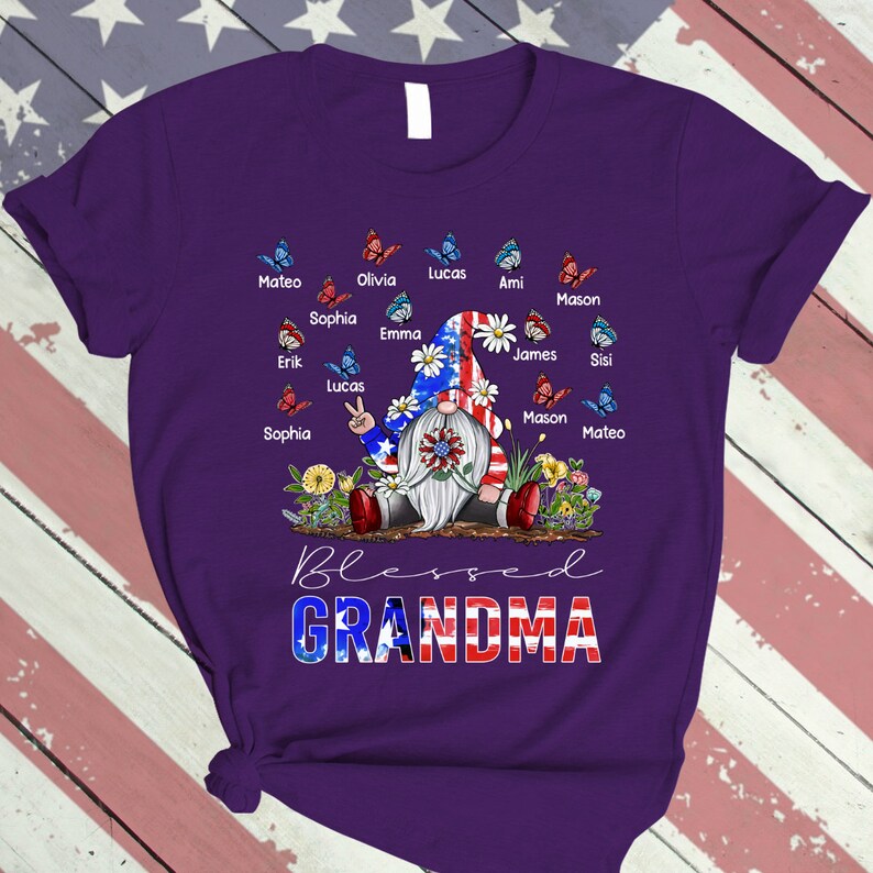 Personalized Grandma shirt, Gnome Nana Shirt 4th of July Shirt for Grandma Blessed Grandma With Grandkids Butterfly Falg Independence TShirt