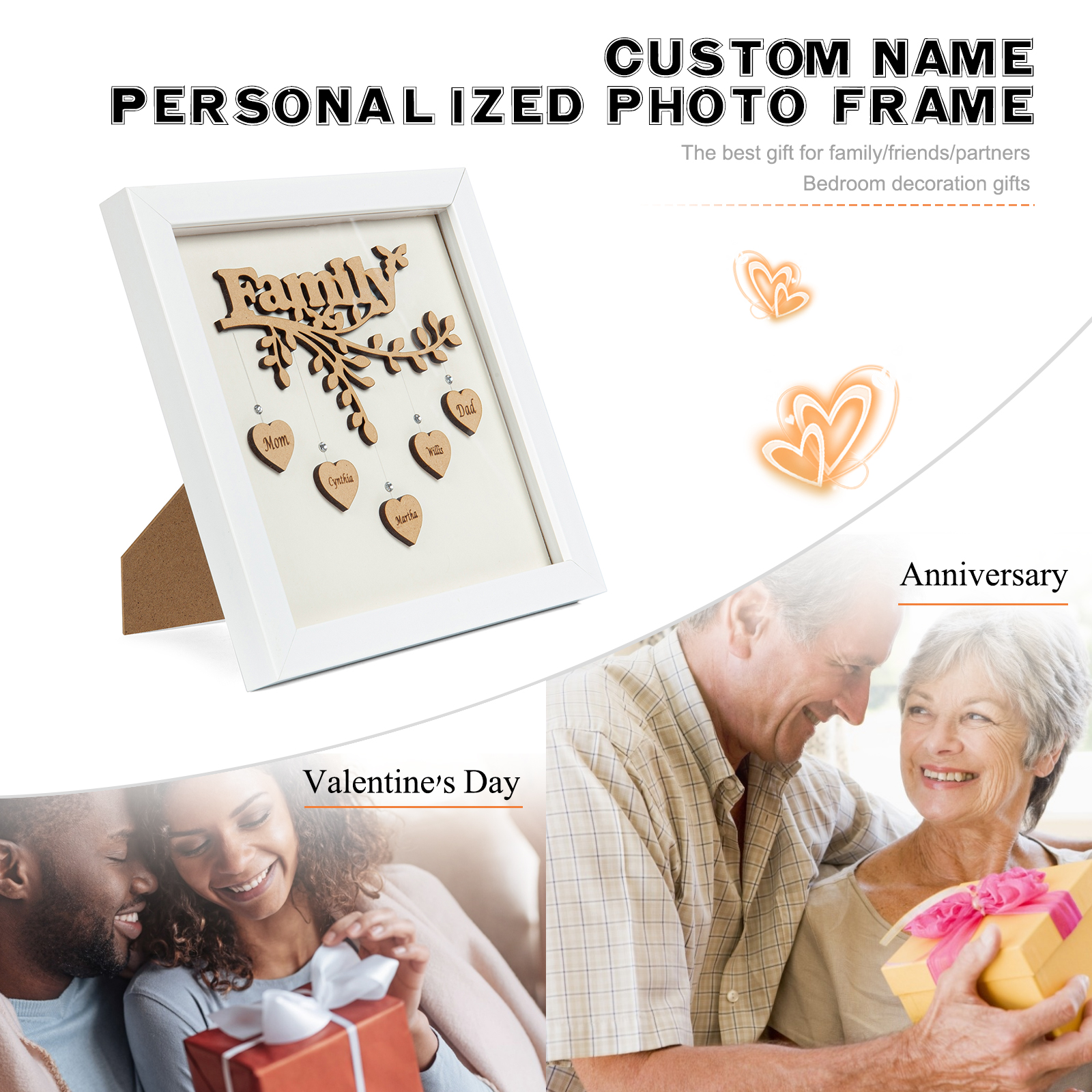 2 Names Personalised Family Tree Wood Frame Engraved on the "Hearts"