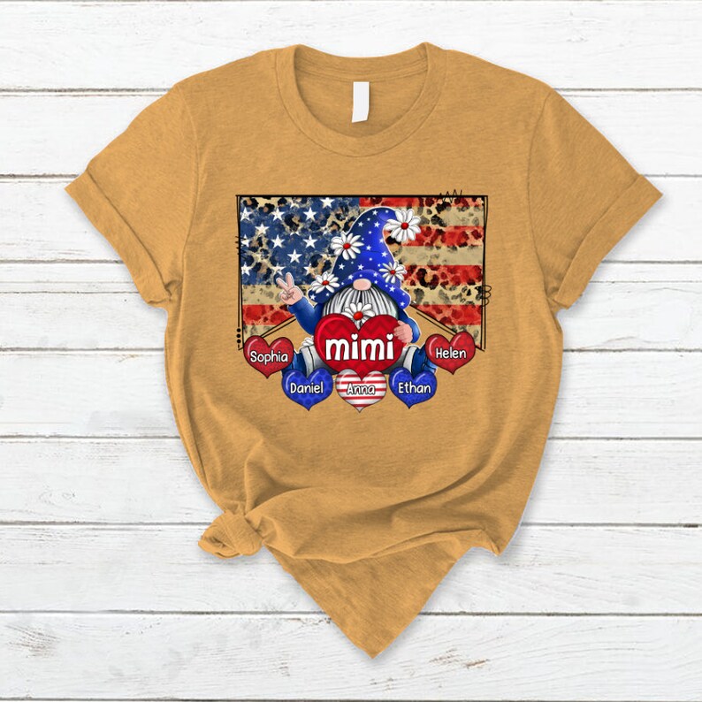 Personalized Grandma Shirt, Custom Mimi Gnomes with grandchild names, Mimi 4th of july Shirt Patriotic Gnomes Pattern Version Tshirt