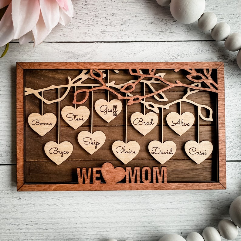 9 Names Family Tree Framed Sign Custom Wood Family Tree Sign - Hanging Hearts Family Tree