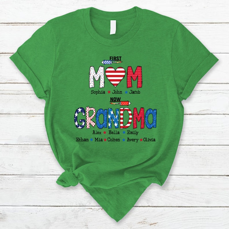 Personalized Grandma Shirt, Grandma To be Custom Tshirt with names, First Mom Now Grandma 4th of july T-Shirt, Fireworks Grandma Shirt