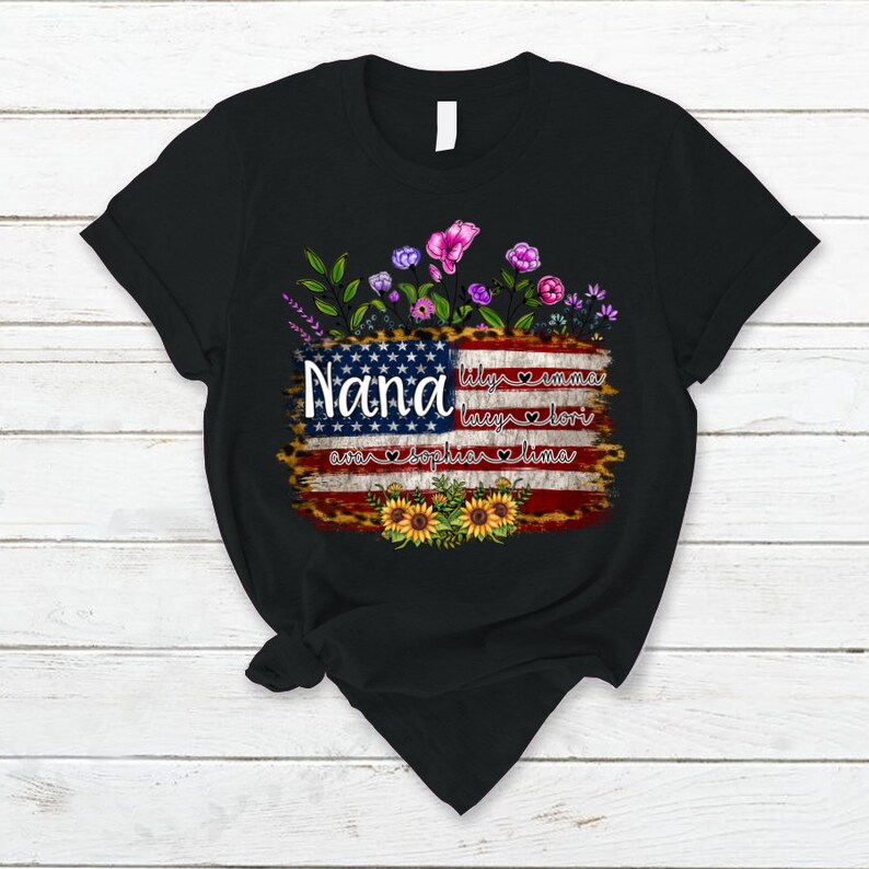 Personalized Grandma Shirt 4th of July Wildflower TShirt America Flag Custom Grandkid names Grandma Independence Day Shirt, Custom child