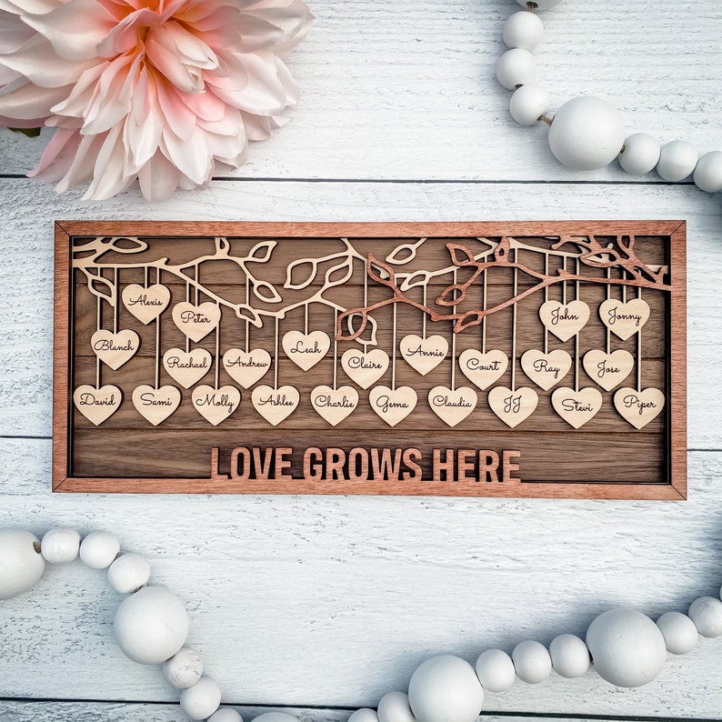 9 Names Family Tree Framed Sign Custom Wood Family Tree Sign - Hanging Hearts Family Tree