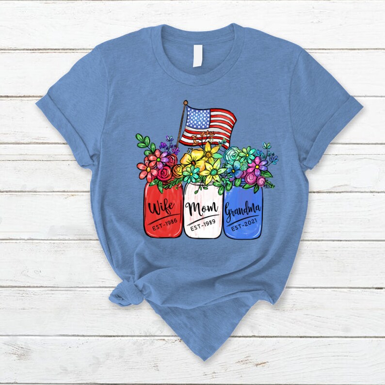 Personalized Grandma Shirt, 4th of july shirt for mother-in-law, America Flag and Rainbow Floral Peace Wife Est Mom Est Grandma Est T-Shirt