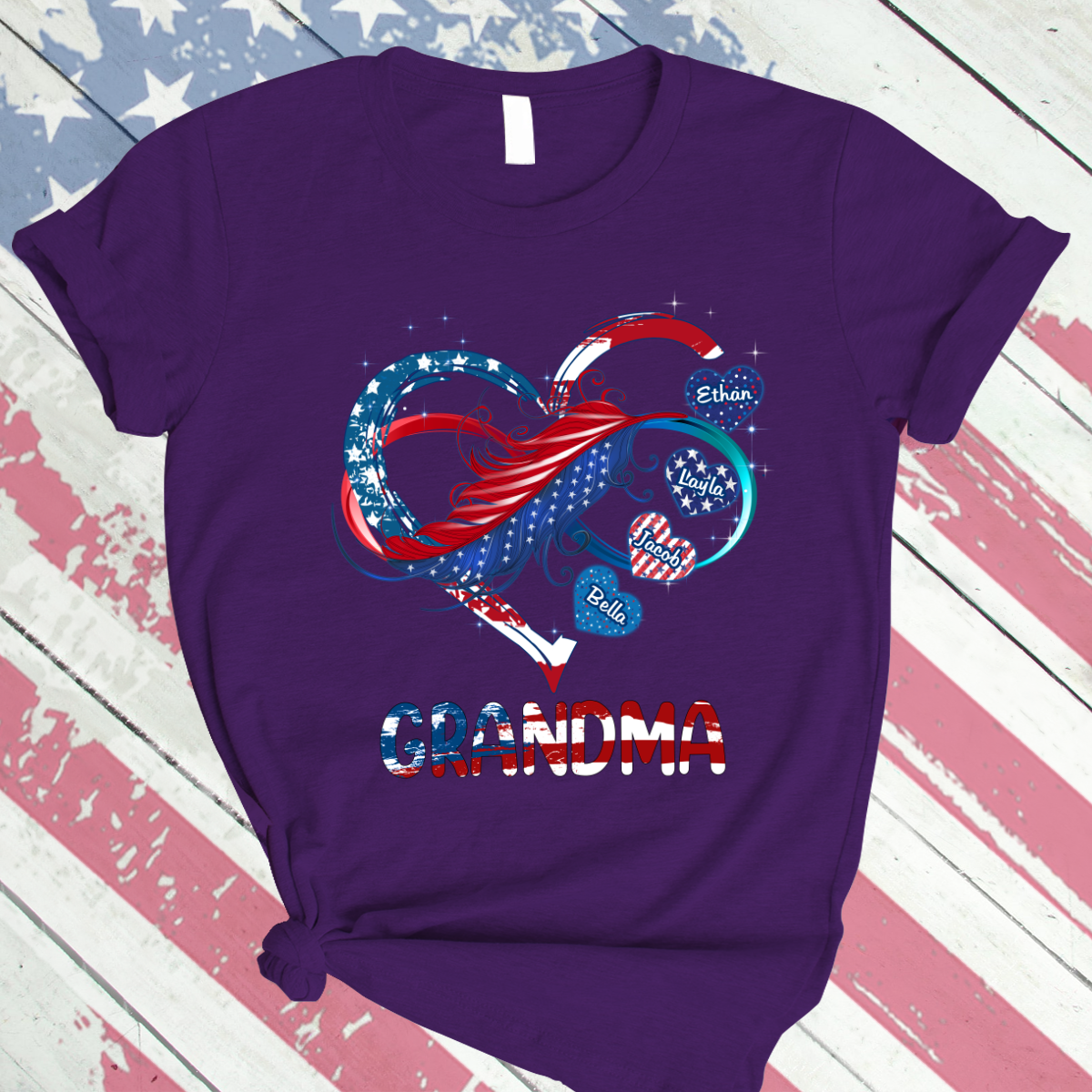 Grandma And Grandkids Hearts American Flag T-Shirt