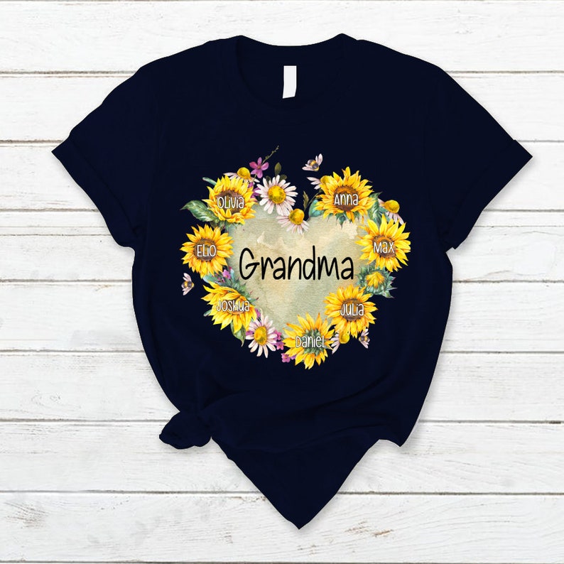 Personalized Grandma Shirt Hearts Sunflower T-Shirt with Custom Kidnames