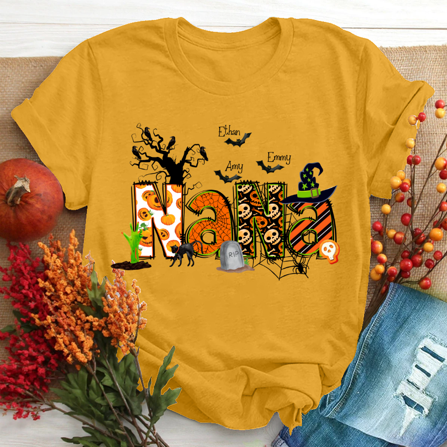 Nana Grandma Bundle Halloween Alphabet Doodle Grandkids T-Shirt