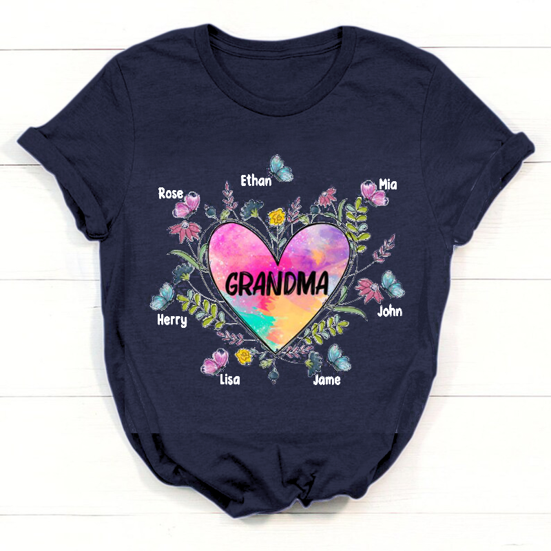 Personalized Grandma Shirt, Heart With Grandkids Flower Shirt