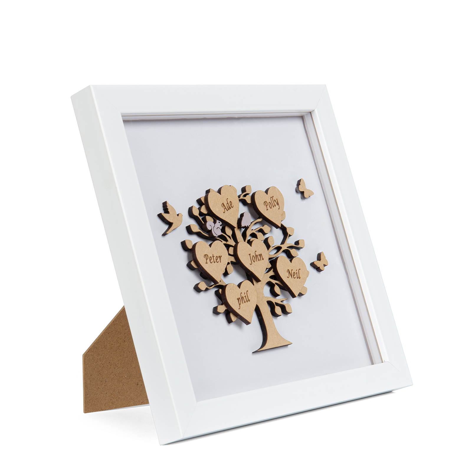 Personalized Family Tree Wood Frame with 6 Names Engraved on the "Heart", Family Tree LED Light Picture Frame