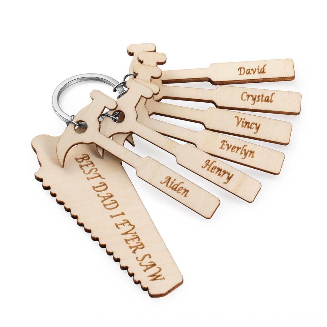 1 Name Personalized Wooden Keychain Engraved With Saw Shaped Text And 6 Hammer Names Keychain