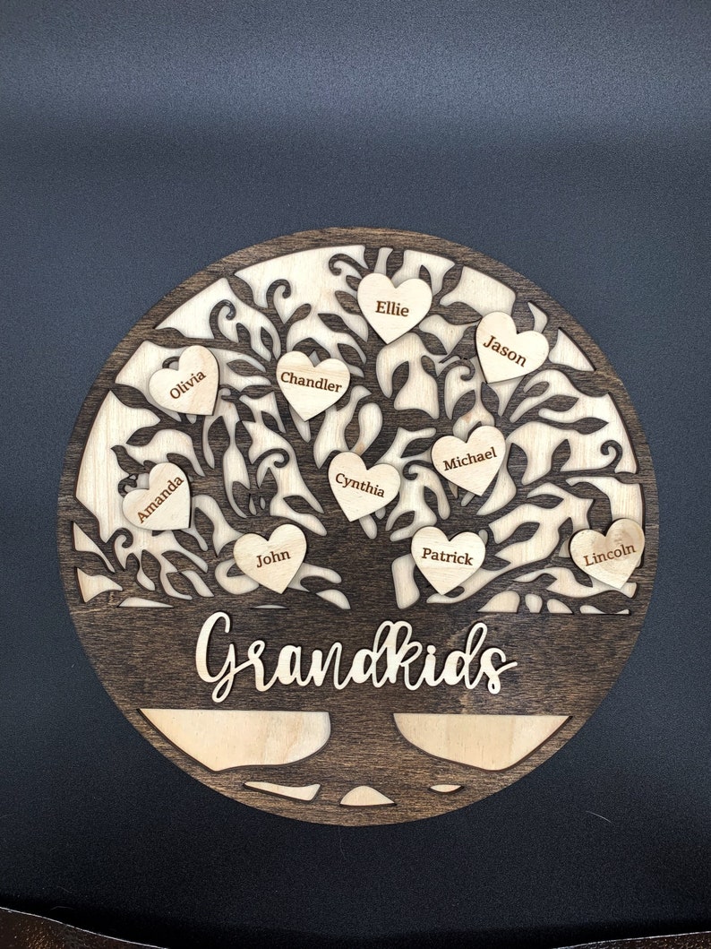 2 NAMES Family Tree Sign Personalized Wooden Engraved Family Frame, Nana Mom Gift Ideas