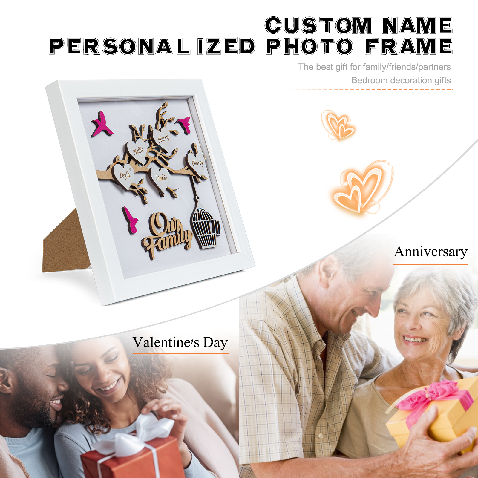 Personalized Family Tree Wood Frame with 5 Names Engraved on the "Heart", Our Family Tree LED Light Picture Frame