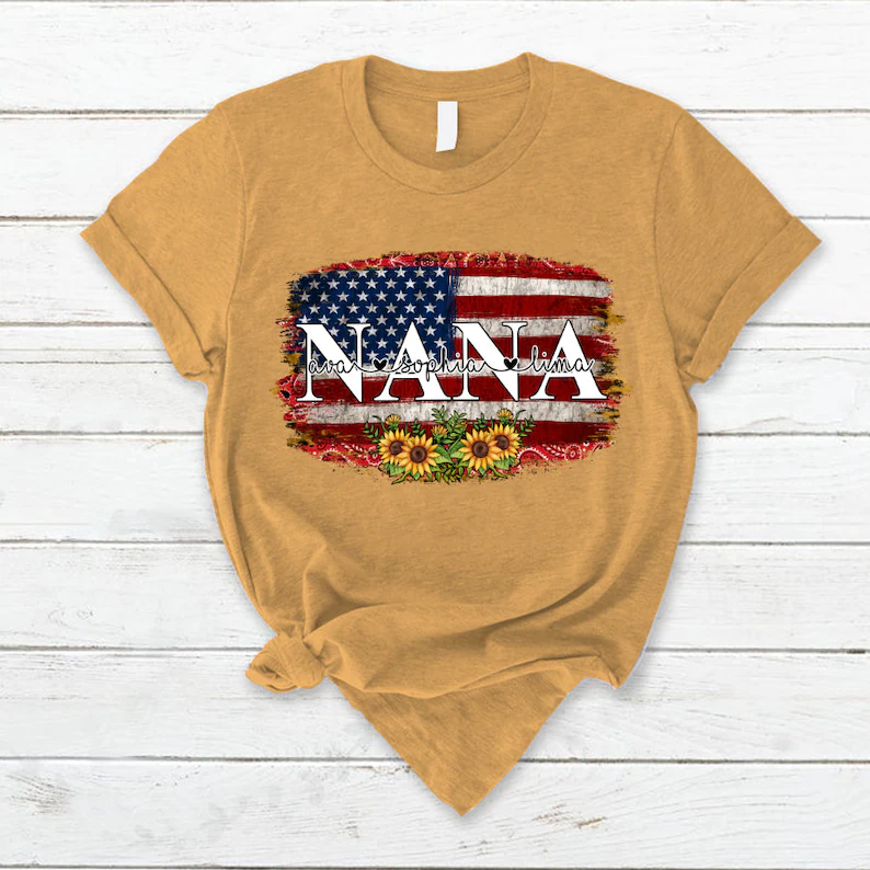 Personalized Vintage Nana Tshirt America Grandma 4th of July Shirt, America Lover Grandma with Custom Grandkid Independence Day, Custom Tee