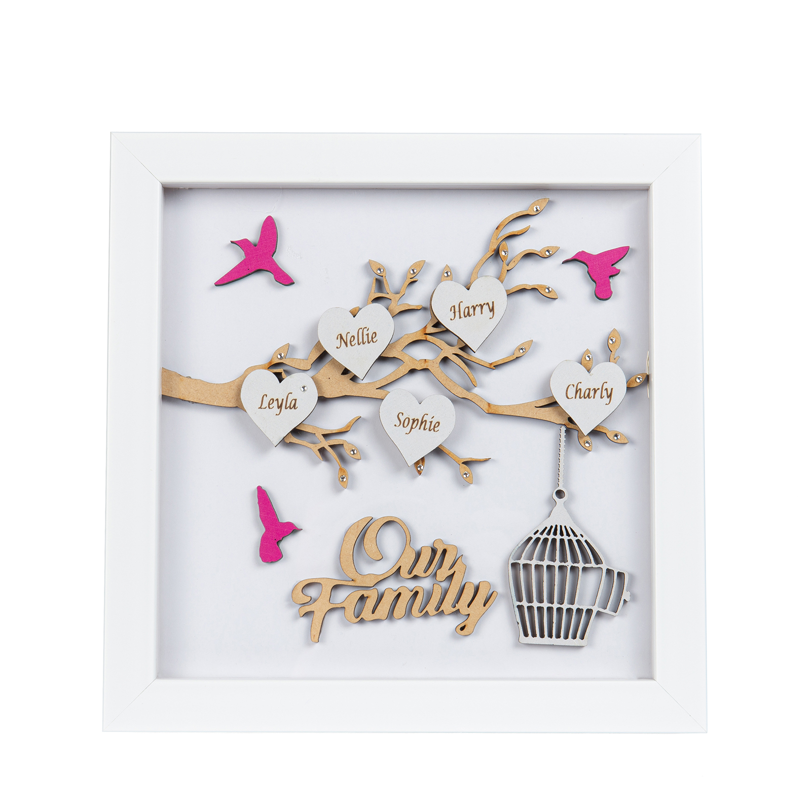 Personalized Family Tree Wood Frame with 5 Names Engraved on the "Heart", Our Family Tree LED Light Picture Frame