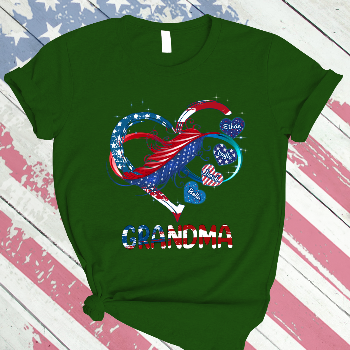 Grandma And Grandkids Hearts American Flag T-Shirt