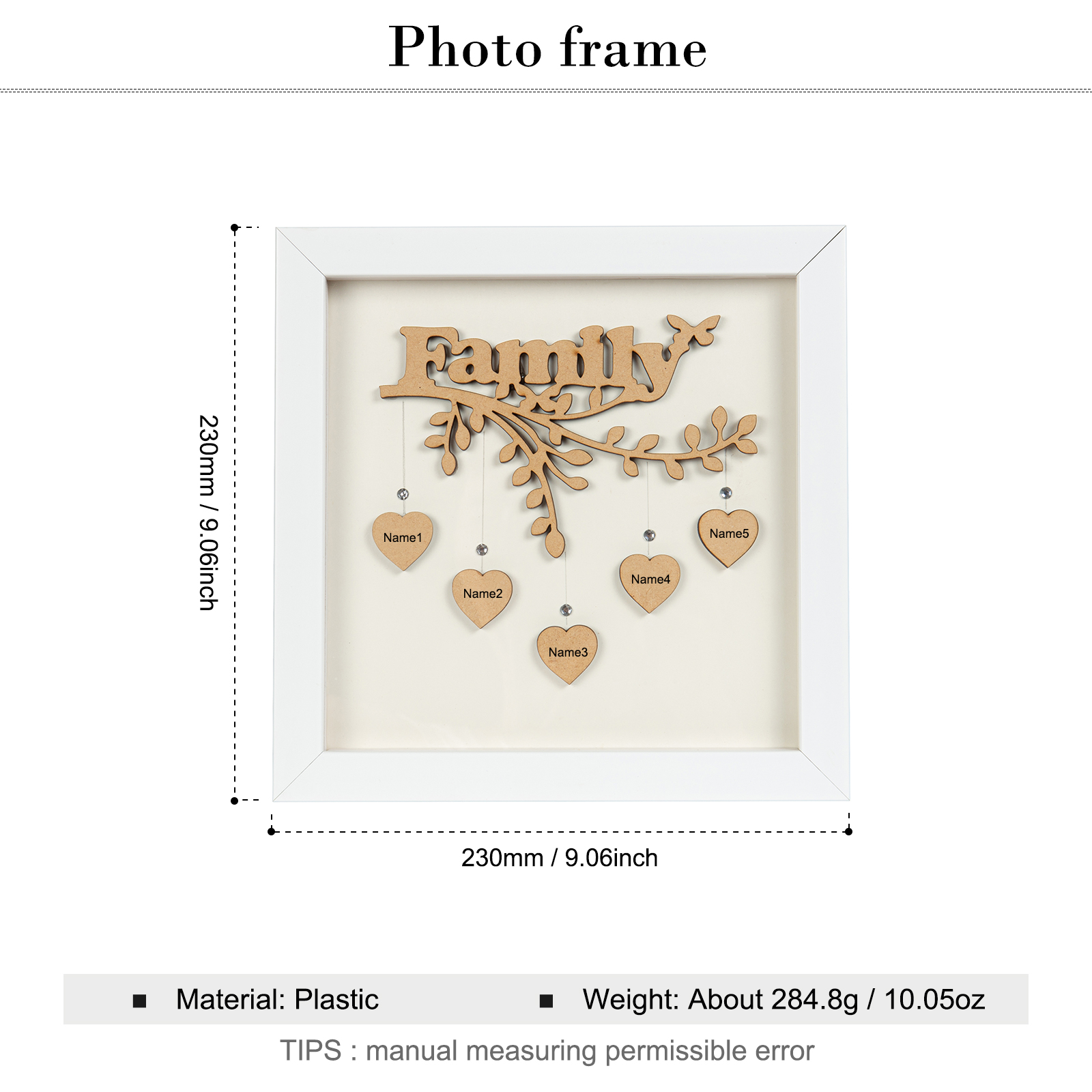 2 Names Personalised Family Tree Wood Frame Engraved on the "Hearts"
