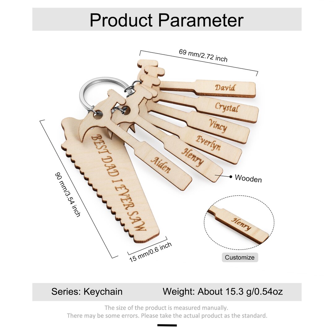 1 Name Personalized Wooden Keychain Engraved With Saw Shaped Text And 6 Hammer Names Keychain