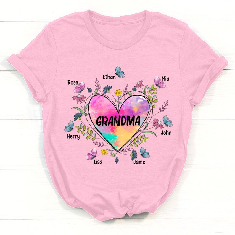 Personalized Grandma Shirt, Heart With Grandkids Flower Shirt