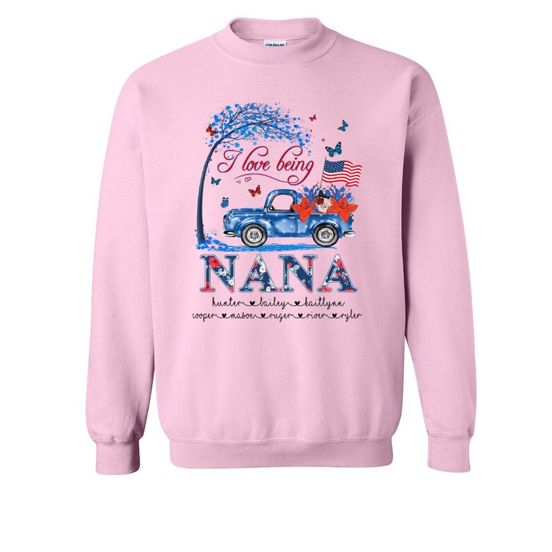 Personalized Grandma Sweatshirt USA Flag Flower, Custom names Grandma Truck Sweatshirt, Mimi Nana Sweatshirt, Blue Truck Custom Kiname Shirt