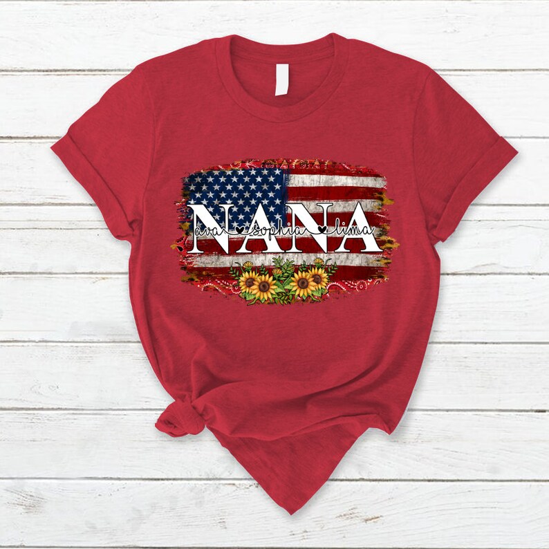 Personalized Vintage Nana Tshirt America Grandma 4th of July Shirt, America Lover Grandma with Custom Grandkid Independence Day, Custom Tee
