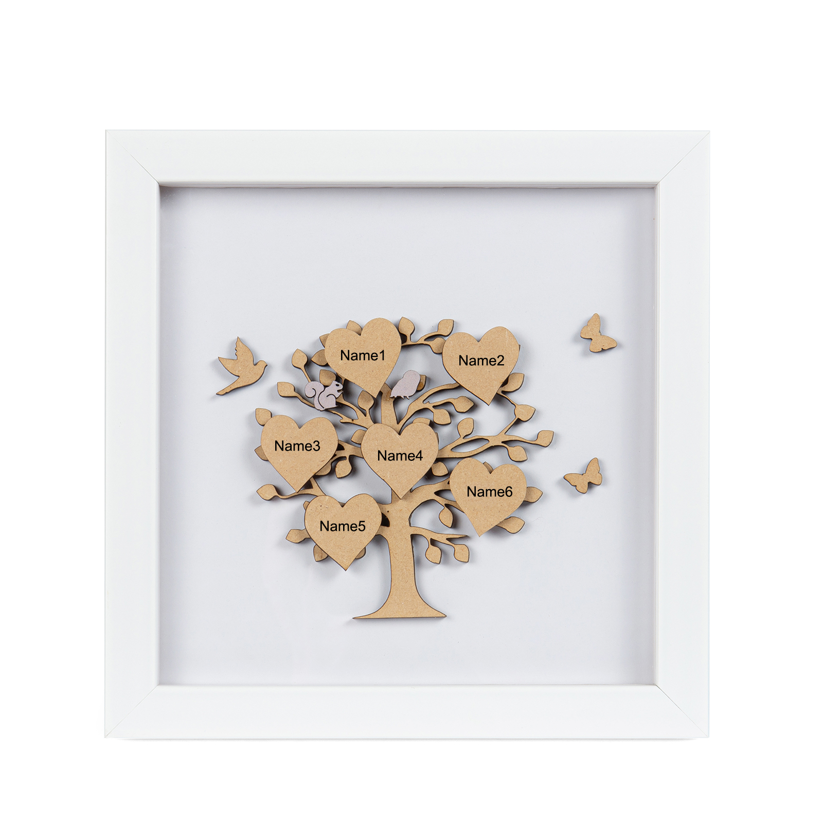 Personalized Family Tree Wood Frame with 6 Names Engraved on the "Heart", Family Tree LED Light Picture Frame