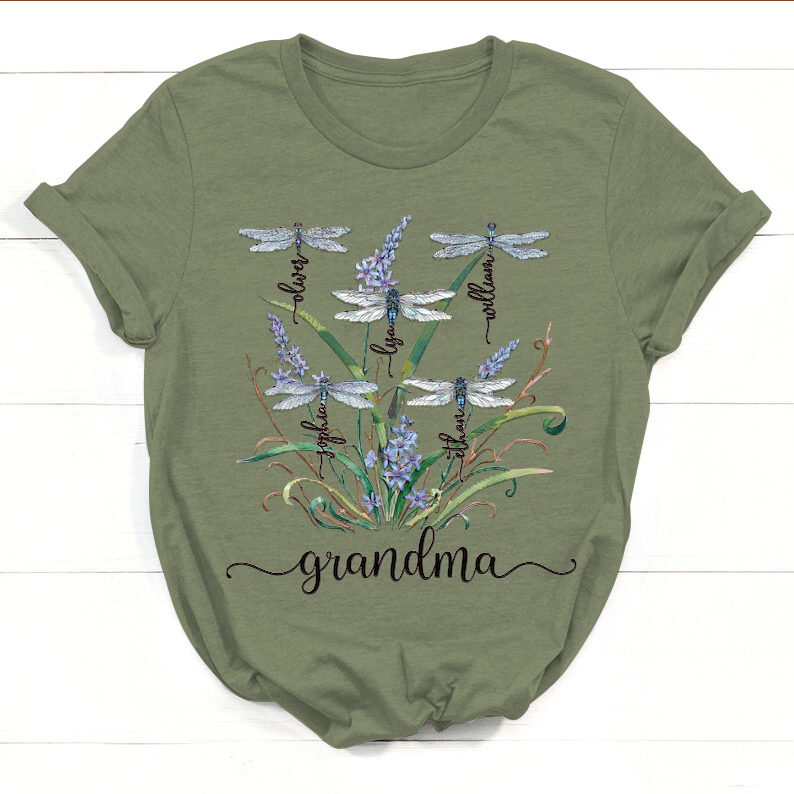 Personalized Nana Dragonfly Shirt, Personalized Grandma With Grandkids Names T-Shirt