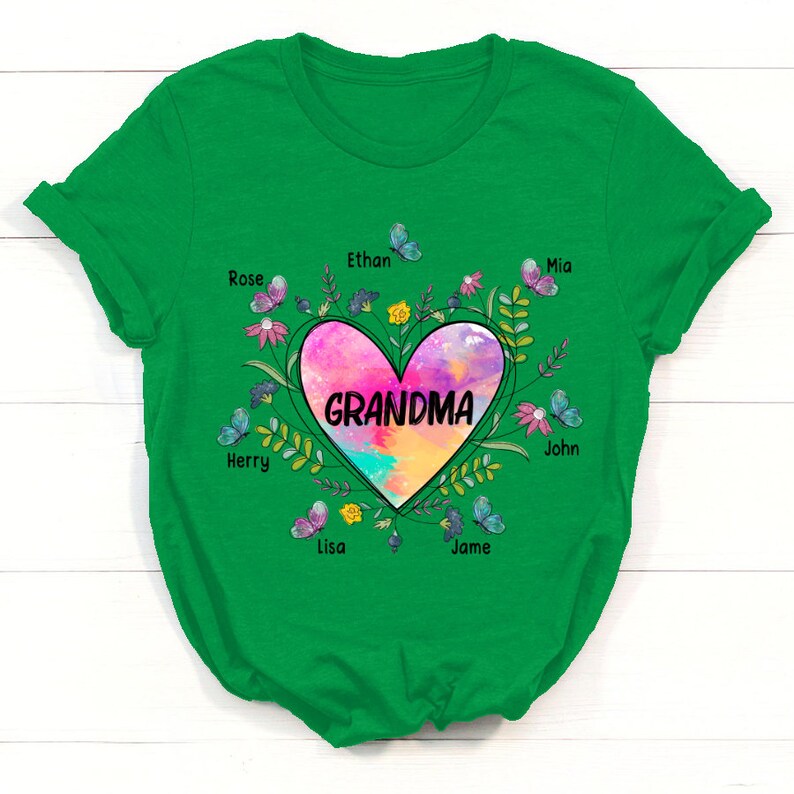 Personalized Grandma Shirt, Heart With Grandkids Flower Shirt