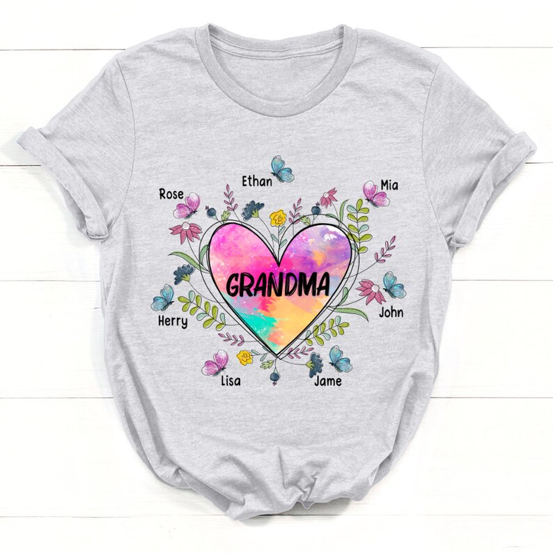 Personalized Grandma Shirt, Heart With Grandkids Flower Shirt