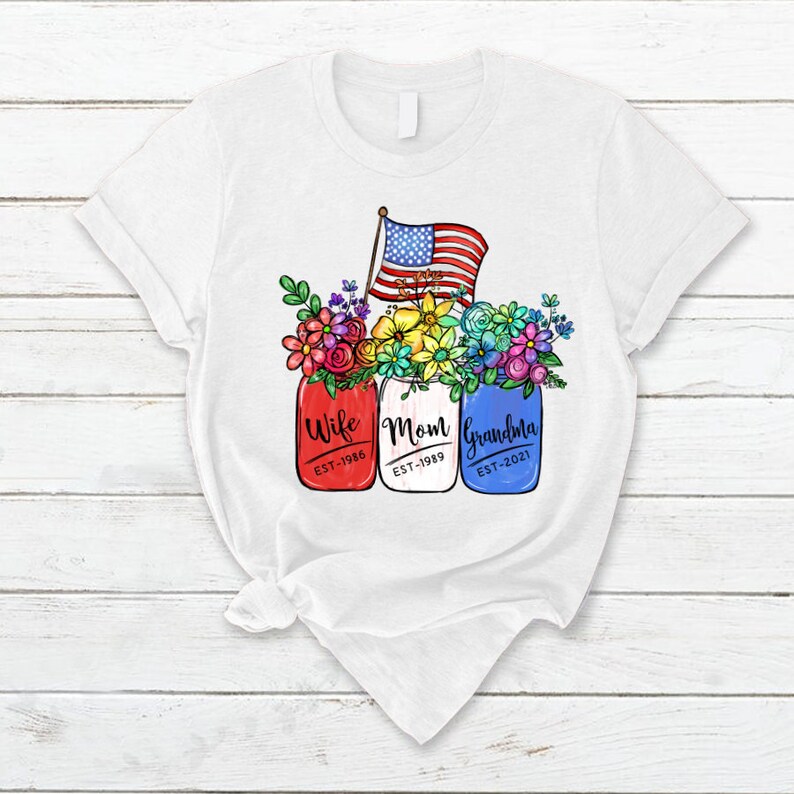 Personalized Grandma Shirt, 4th of july shirt for mother-in-law, America Flag and Rainbow Floral Peace Wife Est Mom Est Grandma Est T-Shirt