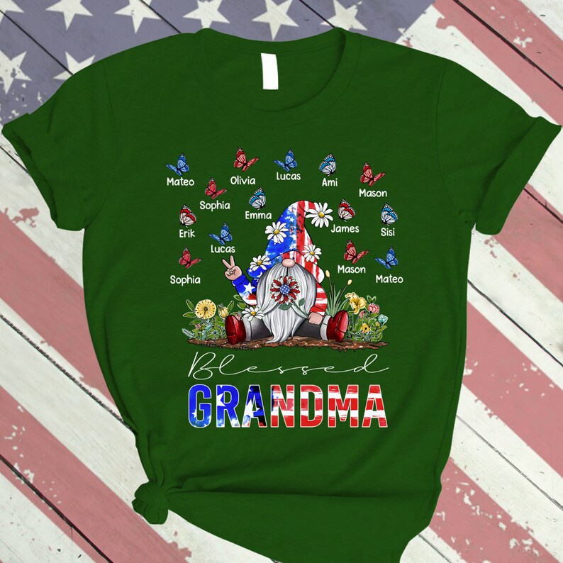Personalized Grandma shirt, Gnome Nana Shirt 4th of July Shirt for Grandma Blessed Grandma With Grandkids Butterfly Falg Independence TShirt