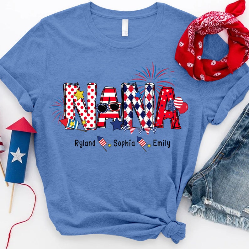 Personalized Nana T Shirt, Custom Grandma Shirt with Kids names shirt, Patriotic 4th of July Firecrackers Tee Shirt for Independence Day