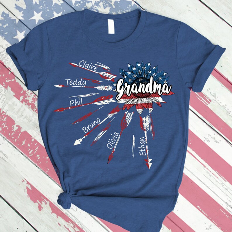 Personalized Grandma Shirt Custom nickname Grandma with grandkids flower arrow USA T-Shirt