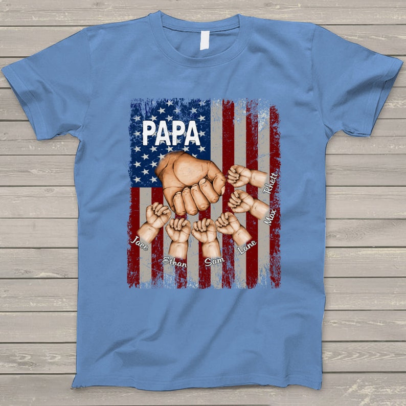 Personalized Papa Grandpa Shirt with Grandkids name Hands Flag T-Shirt