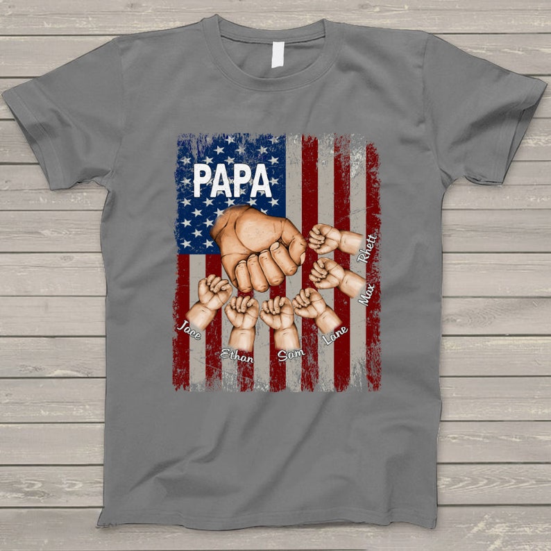 Personalized Papa Grandpa Shirt with Grandkids name Hands Flag T-Shirt
