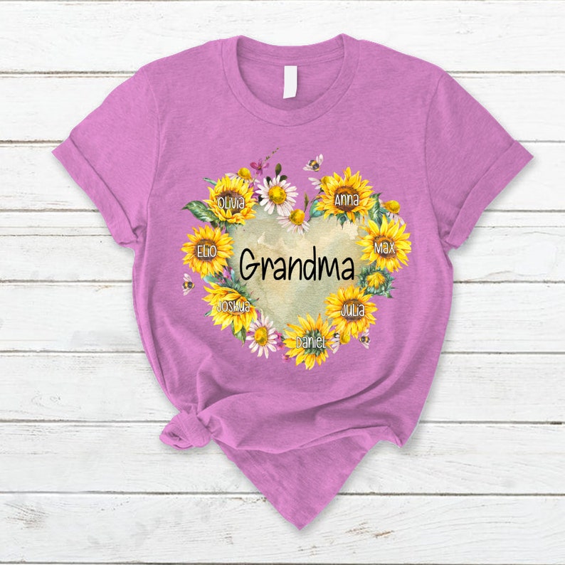 Personalized Grandma Shirt Hearts Sunflower T-Shirt with Custom Kidnames
