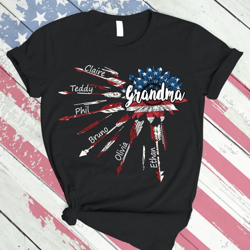 Personalized Grandma Shirt Custom nickname Grandma with grandkids flower arrow USA T-Shirt