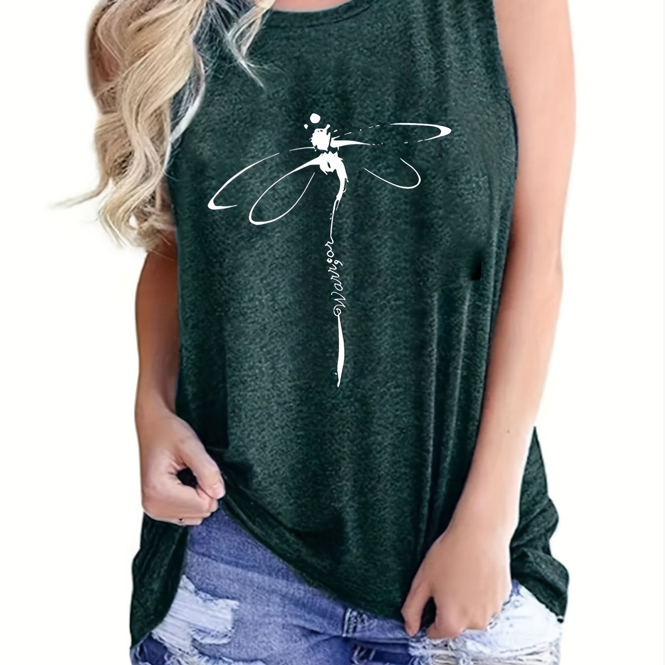 Dragonfly Print Tank Top, Casual Crew Neck Sleeveless Summer Tank Top, Women's Clothing